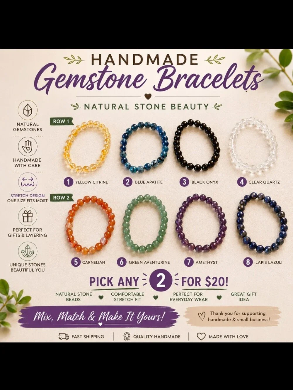✨️Handmade Gemstone Bracelet Bundle | Pick Any 2 for $20 | Natural Stone Jewelry